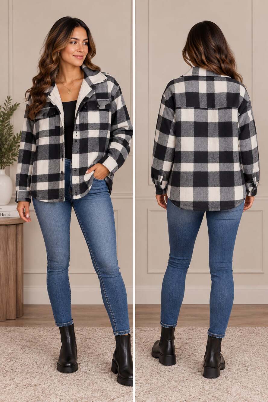 Cozy Cabin Buffalo Plaid Sherpa Lined Shacket Black White Old Navy Small